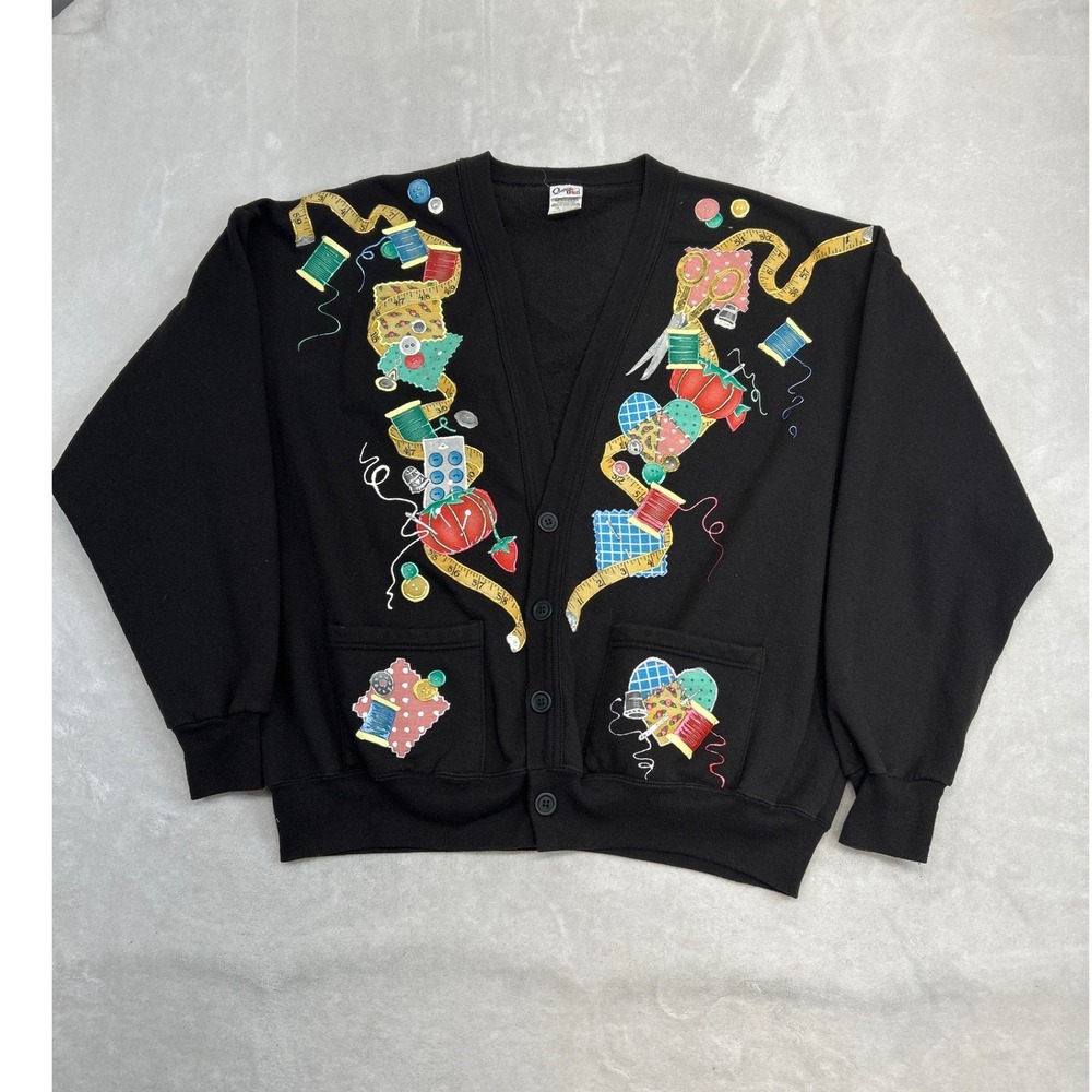 Vintage Cardigan Sweatshirt Women OS Black Sewing Craft Quilts Handmade 90s